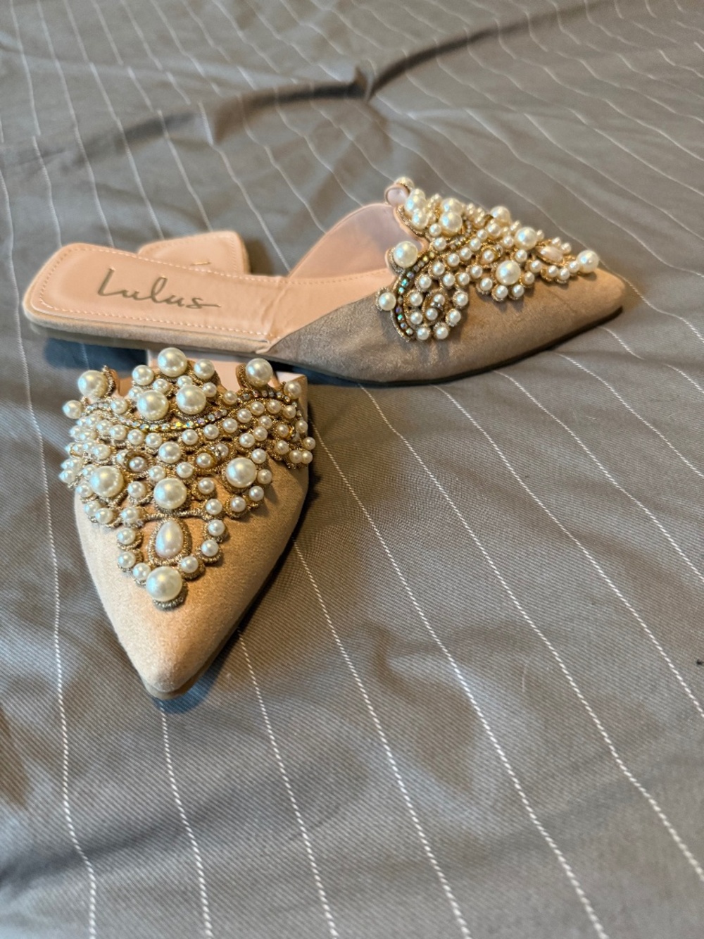 NWOT Lulu’s flora beige suede pearl embroidered pointed toe flats